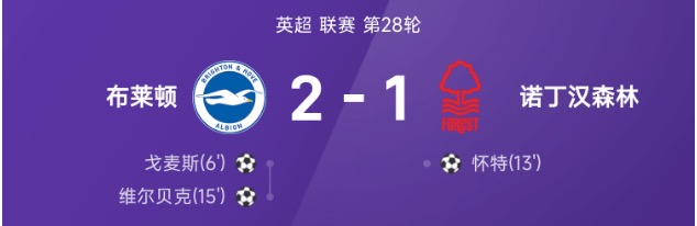 英超战报:戈麦斯闪击,维尔贝克破门,布莱顿2-1诺丁汉森林