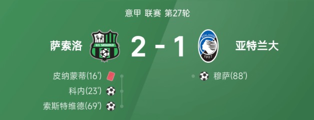 意甲战报：科内、索斯特维德破门，十人萨索洛2-1亚特兰大