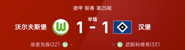 德甲半场：埃里克森破门，武斯科维奇扳平，狼堡1-1汉堡
