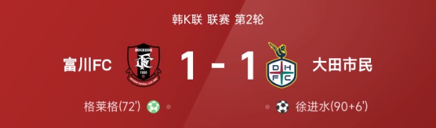 韩K联战报：格莱格点射，徐进水扳平，富川FC1-1大田市民