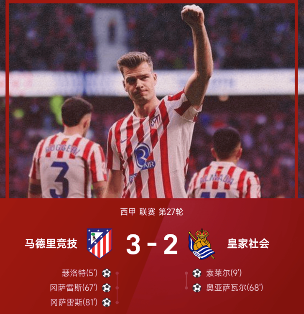 西甲战报：瑟洛特破门，冈萨雷斯双响，马竞3-2皇家社会