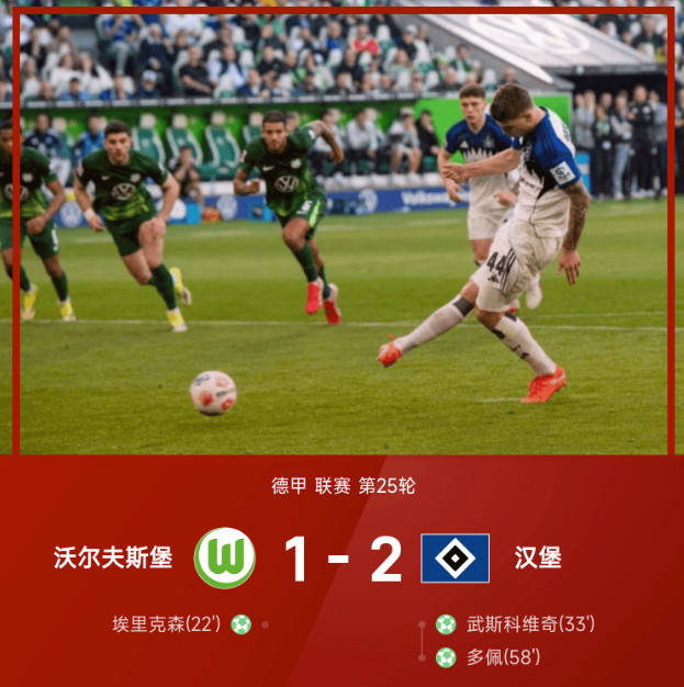 德甲战报：武斯科维奇破门+造点，汉堡2-1沃尔夫斯堡