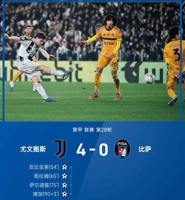 意甲战报:伊尔迪兹传射,图拉姆破门,尤文4-0比萨