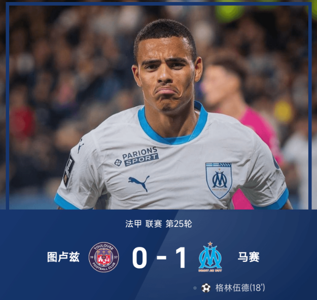 法甲战报：格林伍德破门制胜，马赛1-0战胜图卢兹