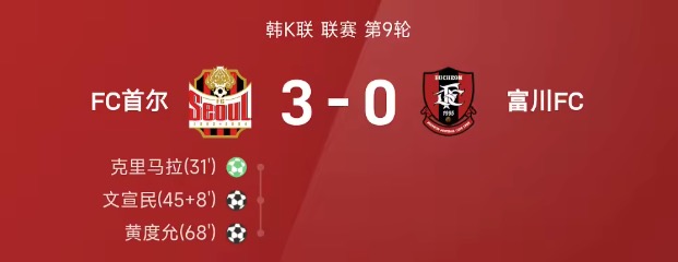 韩K联战报:黄度允1射1传,FC首尔3-0完胜富川FC1