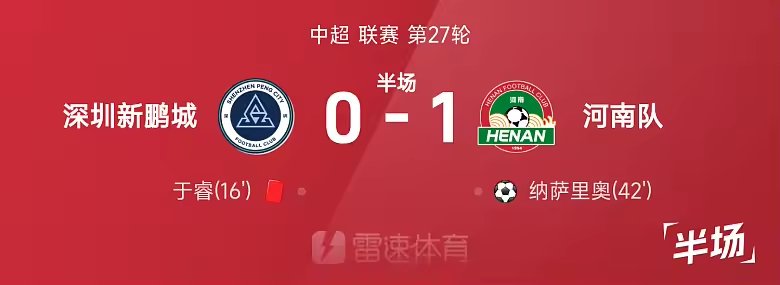 中超半场于睿染红纳萨里奥破僵十人新鹏城暂0比1河南