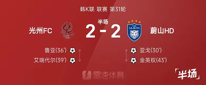 韩K联半场金英权头球破门光州2比2战平蔚山