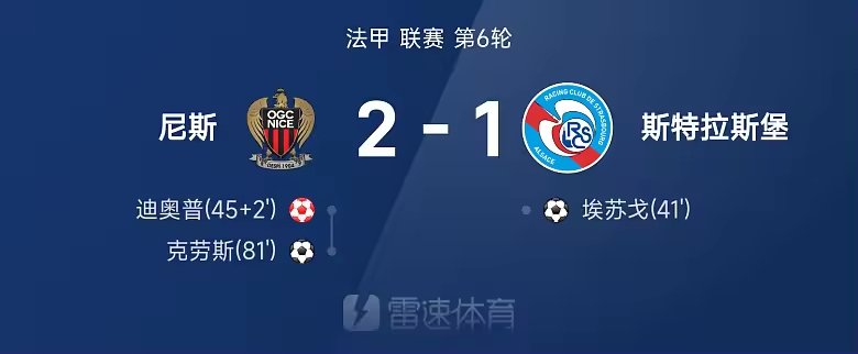 法甲战报克劳斯破门绝杀尼斯2比1胜斯特拉斯堡