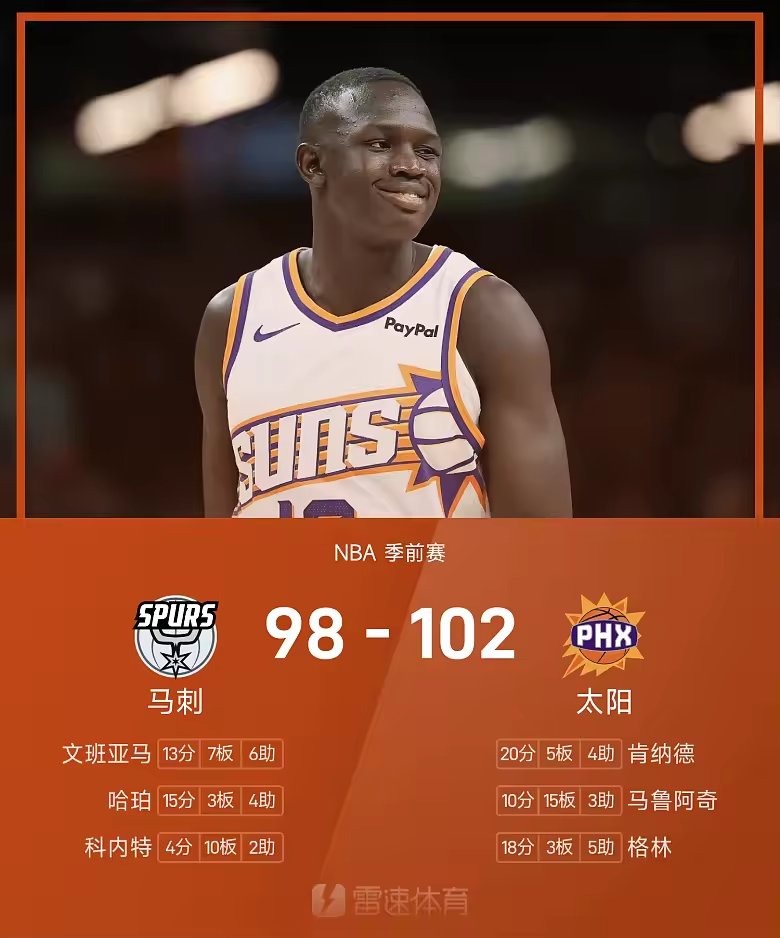 NBA季前赛战报马鲁阿奇10加15太阳102比98险胜马刺
