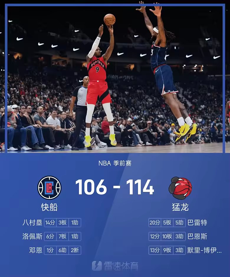 NBA季前赛战报巴雷特20分伦纳德缺席猛龙114比106快船