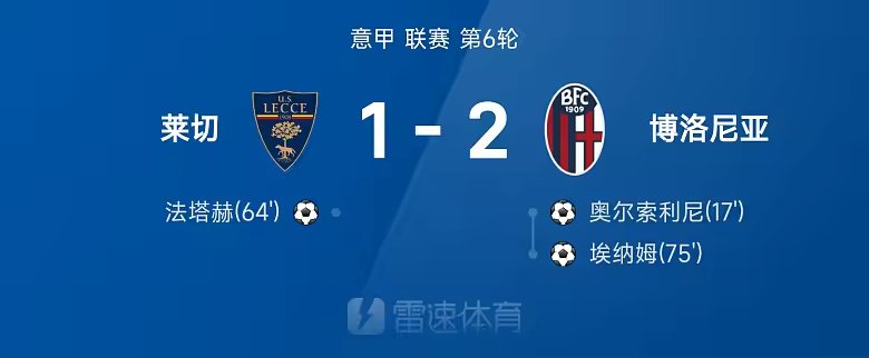 意甲战报博洛尼亚2比1莱切奥尔索利尼埃纳姆破门