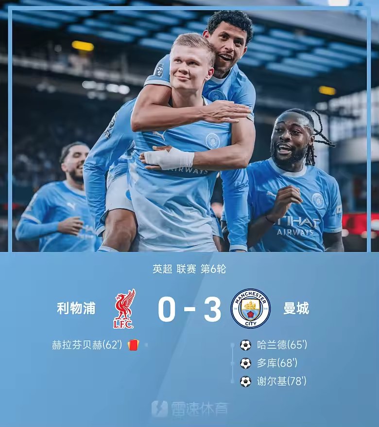 英超战报曼城3比0十人利物浦哈兰德多库谢尔基破门