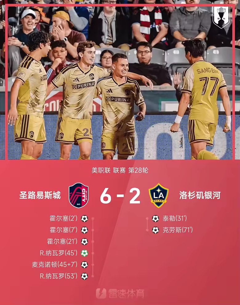 美职战报纳瓦罗造四球霍尔塞戴帽圣路易斯城6比2银河