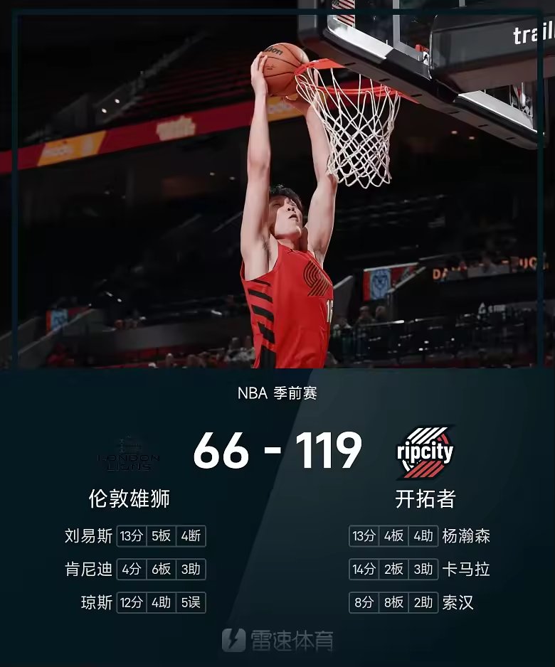 NBA季前赛战报杨瀚森13分4板4助攻开拓者119比66大胜