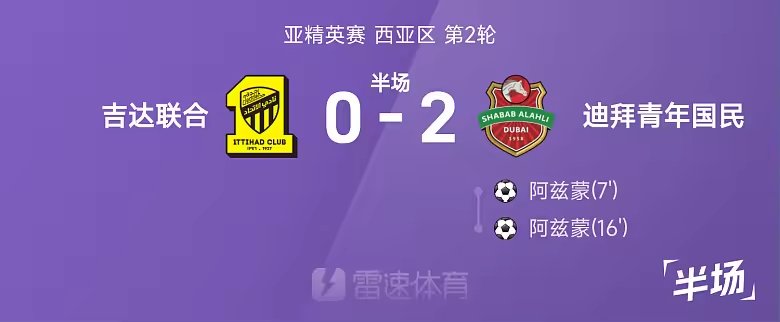 亚冠精英半场阿兹蒙双响吉达联合0比2迪拜青年国民