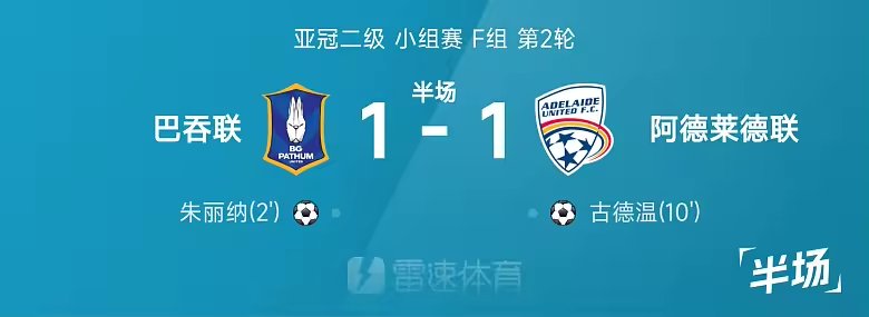 亚冠二级半场朱丽纳闪击古德温扳平巴吞联1比1阿德莱德联
