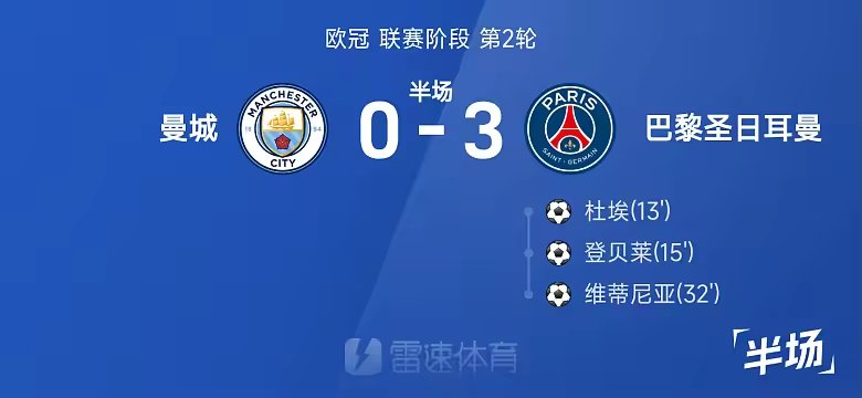 欧冠半场杜埃传射登贝莱维蒂尼亚破门巴黎3比0曼城