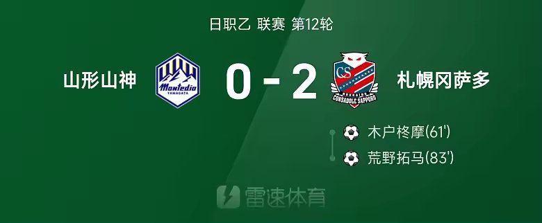 日职乙战报木户柊摩荒野拓马破门札幌2比0山形山神