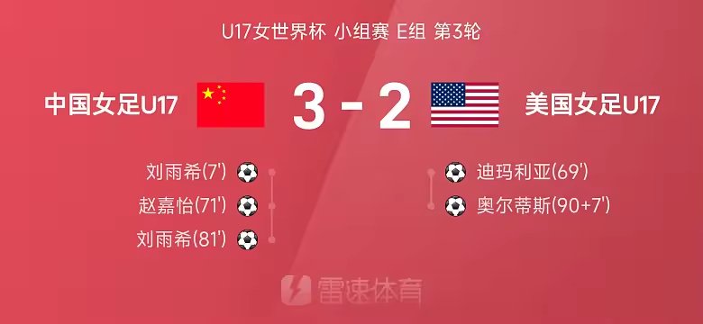 U17女足世界杯战报刘雨希双响中国女足3比2美国女足